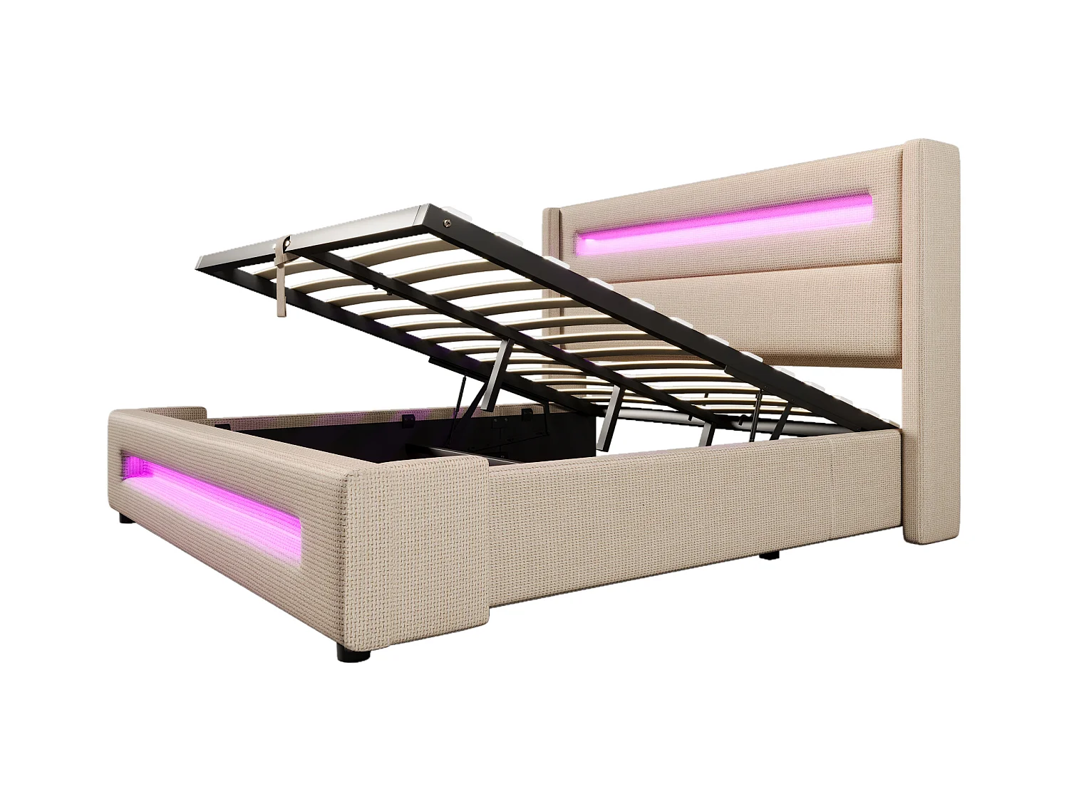Stauraumbett 140x200 cm, beigefarbenes Leinen, Erwachsenenbett mit LED-Beleuchtung und USB-Ladefunktion, Holzlattenrost
