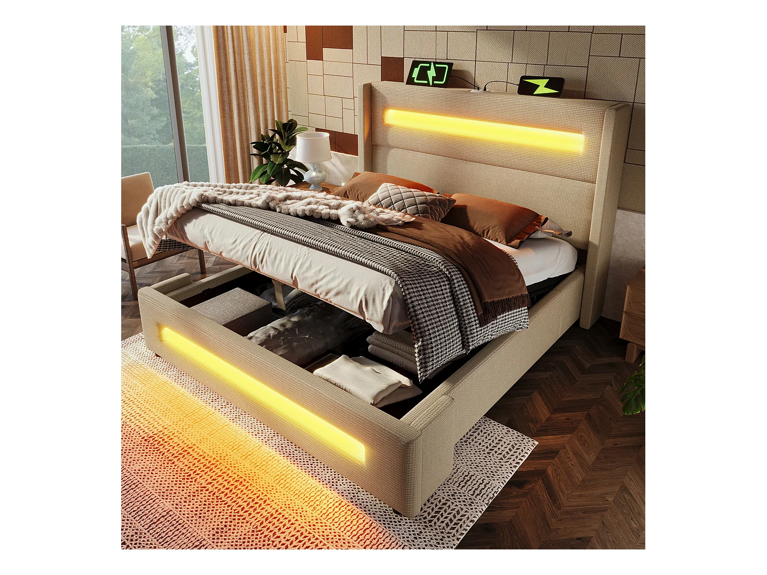 Lit coffre 140x200 cm, lin beige, Lit adulte avec LED et recharge USB, sommier à lattes en bois