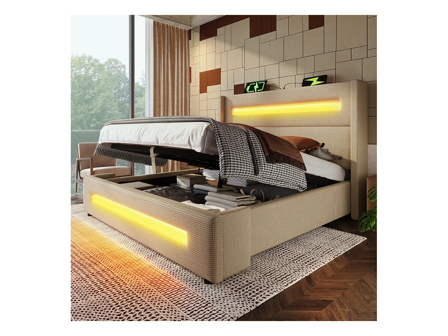 Letto contenitore 140x200 cm, lino beige, letto per adulti con LED e ricarica USB, rete a doghe in legno