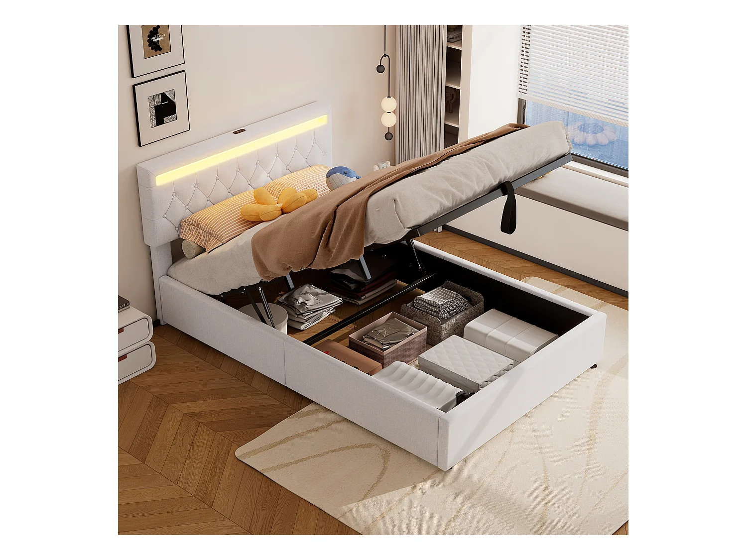 Lit coffre 140x200 cm - Lin blanc - Lit ado avec éclairage LED et recharge USB - san fond