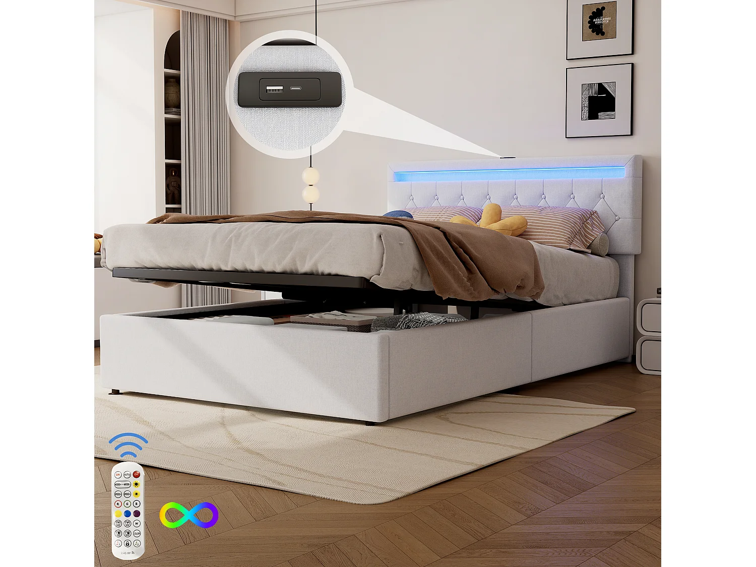 Łóżko ze schowkiem 140x200 cm - Biały len - łóżko dla nastolatków z oświetleniem LED i ładowaniem przez USB - bez podstawy