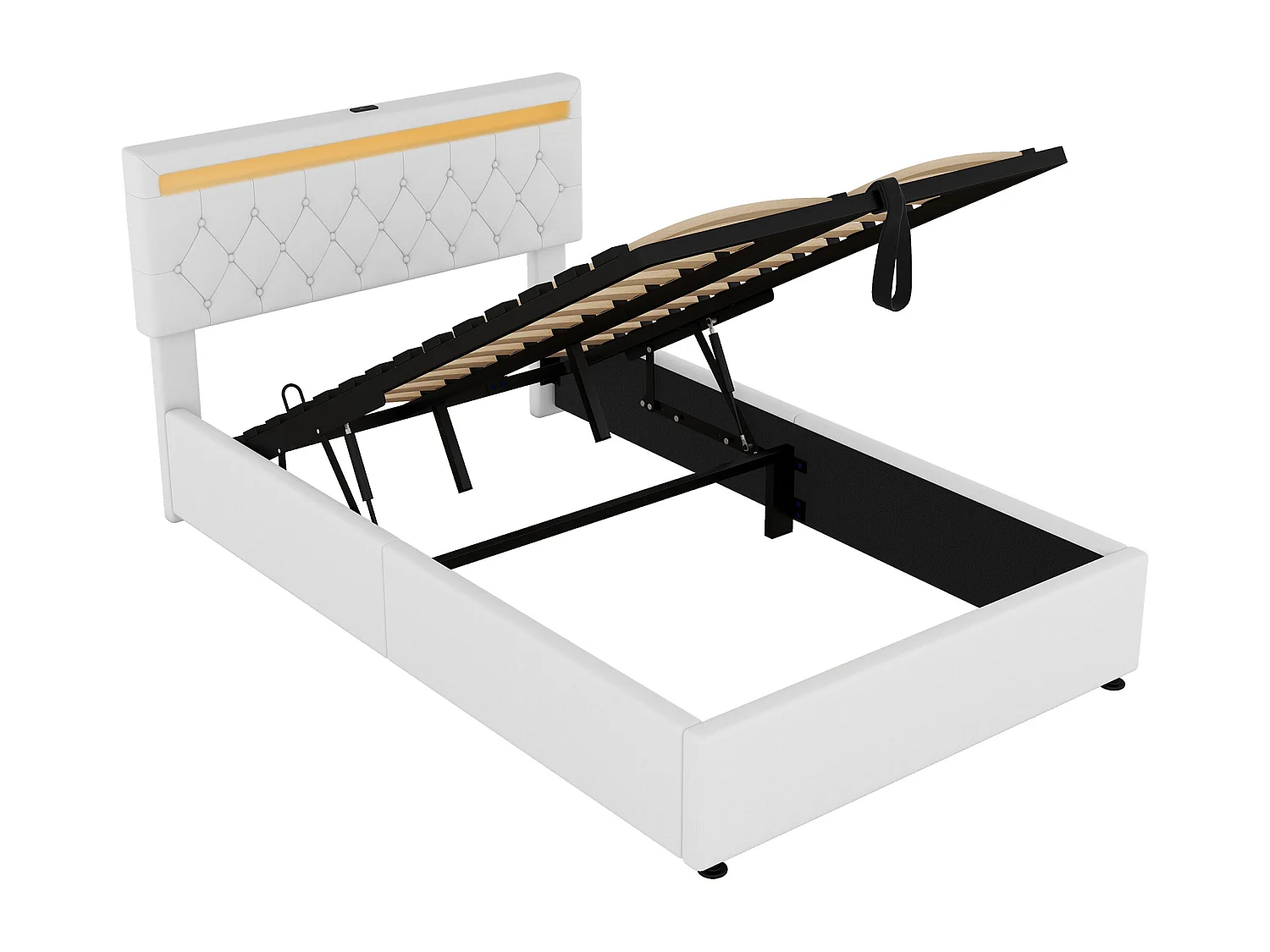 Łóżko ze schowkiem 140x200 cm - Biały len - łóżko dla nastolatków z oświetleniem LED i ładowaniem przez USB - bez podstawy