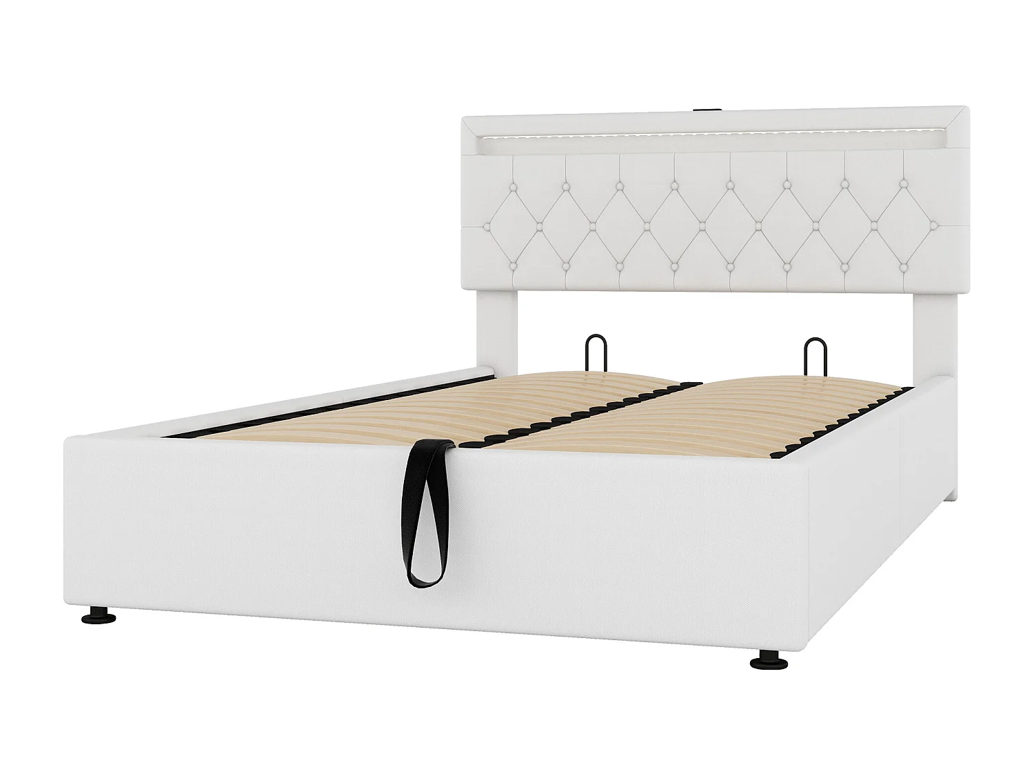 Łóżko ze schowkiem 140x200 cm - Biały len - łóżko dla nastolatków z oświetleniem LED i ładowaniem przez USB - bez podstawy