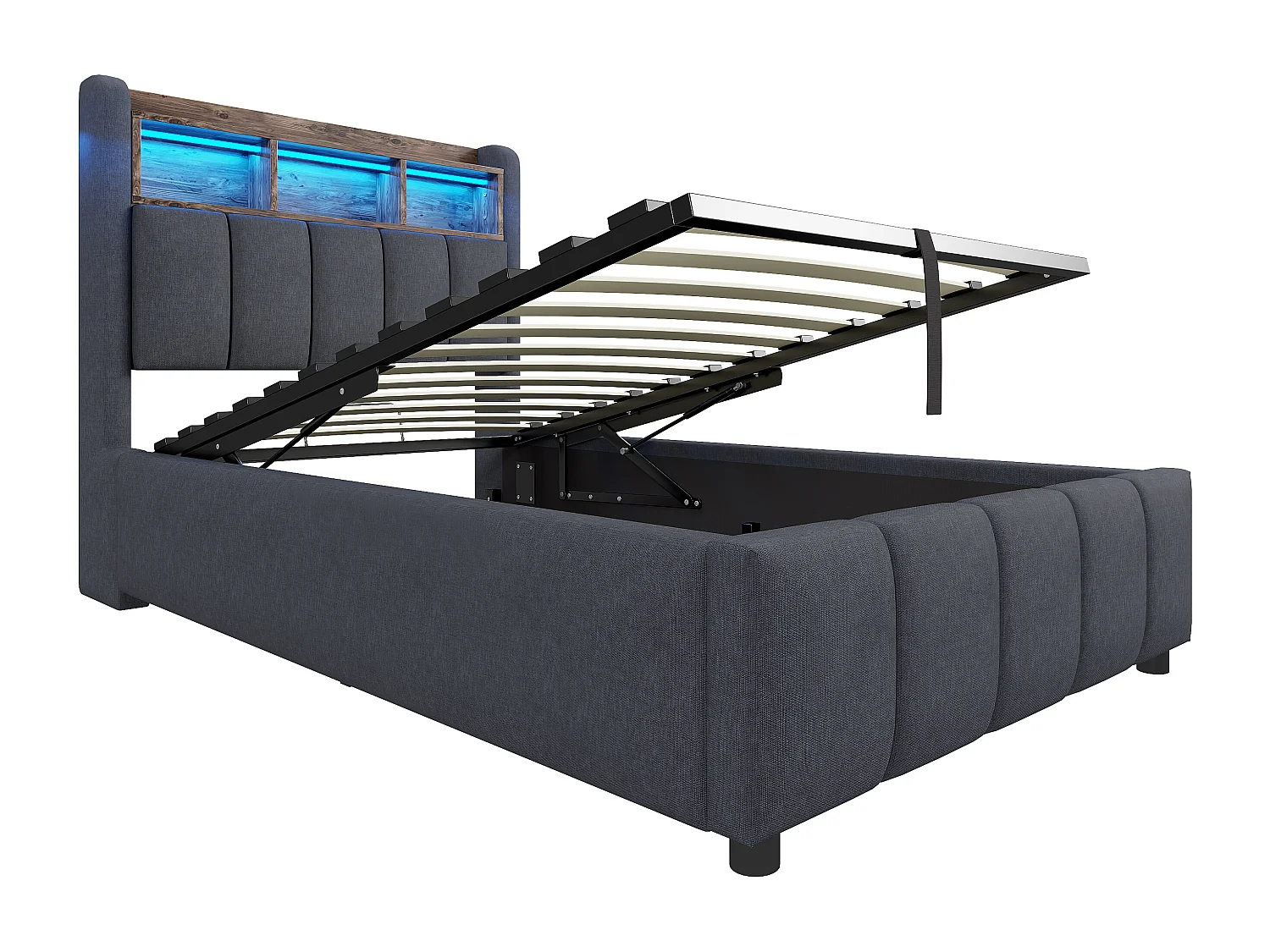 Lit coffre 90 x 200 cm - Lin gris - Lit enfant avec éclairage LED et recharge USB - sans matelas