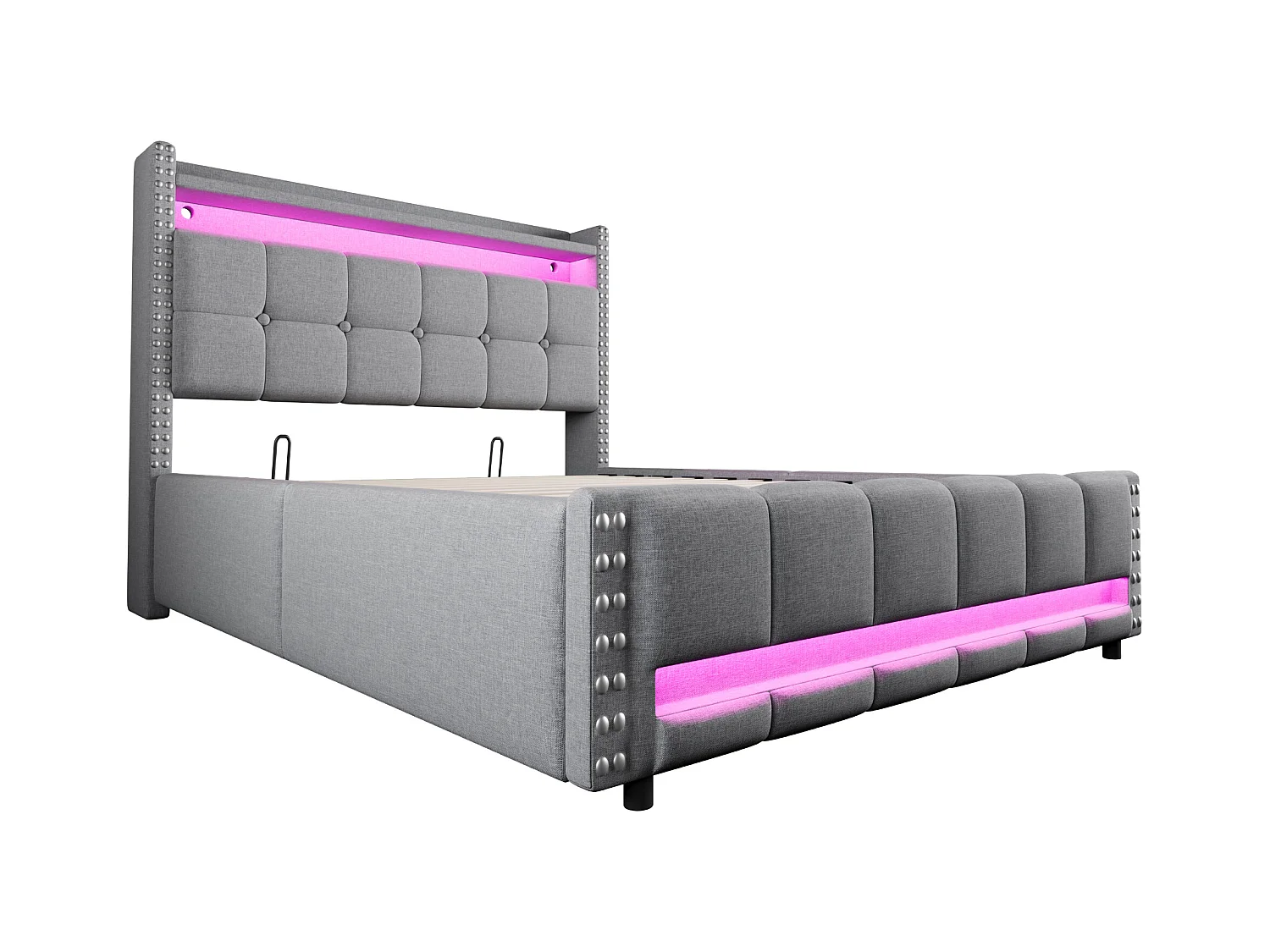 Bett mit Stauraum 140 x 200 cm – Hellgraues Leinen – Bett mit LED-Beleuchtung und USB-Anschlüssen – ohne Matratze