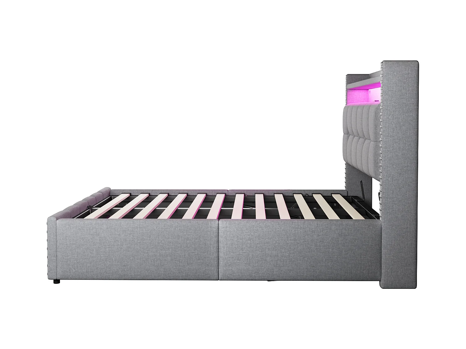 Bett mit Stauraum 140 x 200 cm – Hellgraues Leinen – Bett mit LED-Beleuchtung und USB-Anschlüssen – ohne Matratze