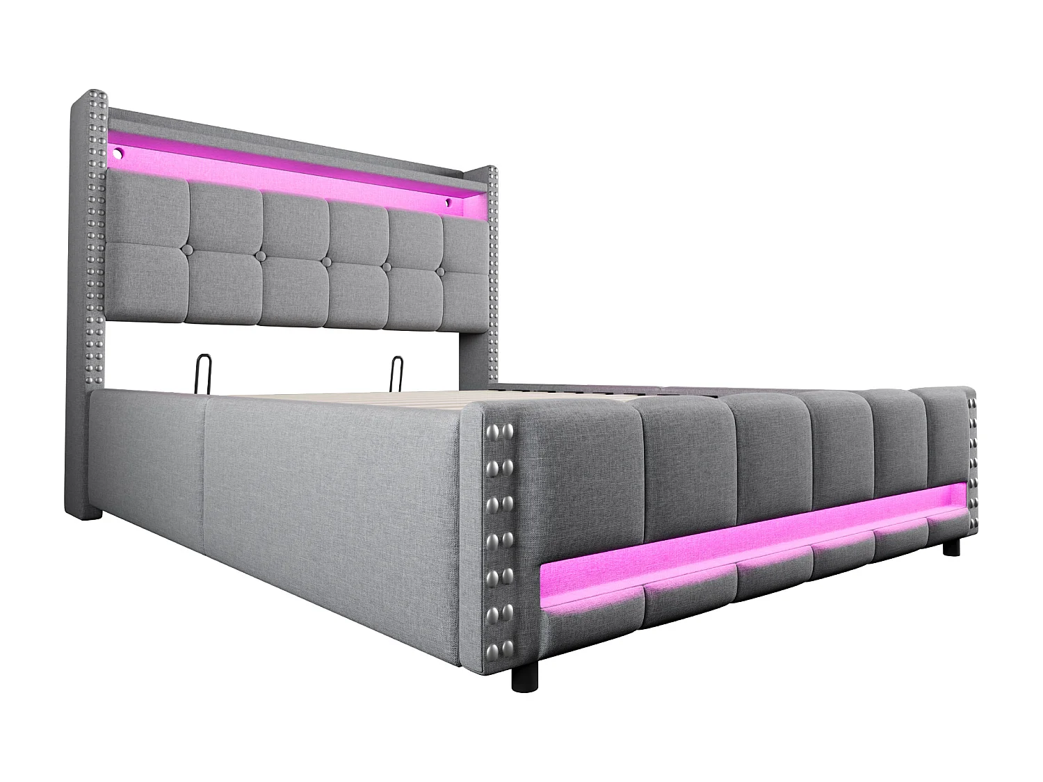 Lit avec rangement 140 x 200 cm - Lin gris clair - Lit avec éclairage LED et prises USB - sans matelas