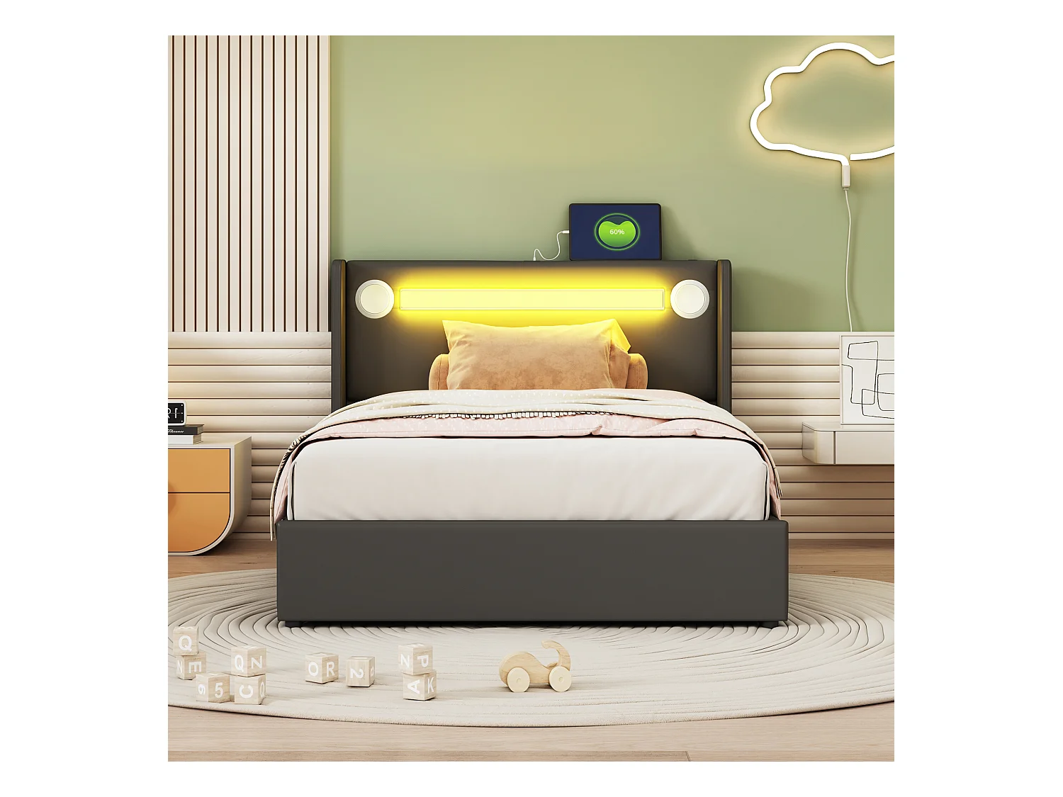 Letto contenitore 90x200 cm - PU nero - Letto per bambini con caricabatterie USB e lettore Bluetooth - Illuminazione a LED - senza materasso