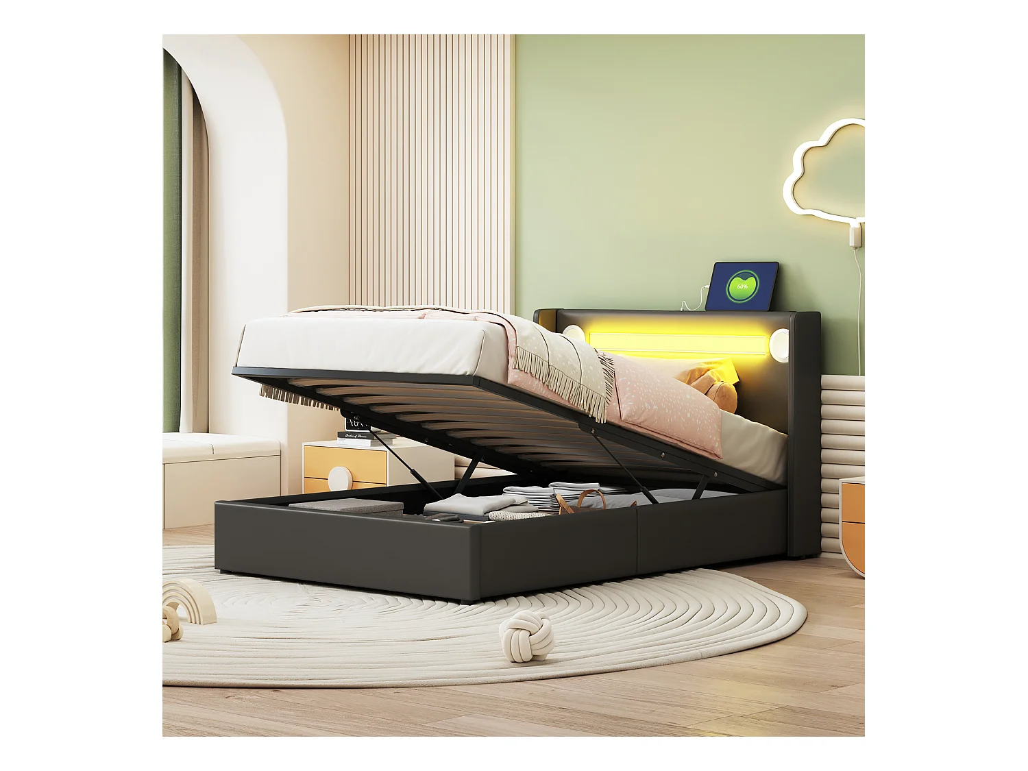 Letto contenitore 90x200 cm - PU nero - Letto per bambini con caricabatterie USB e lettore Bluetooth - Illuminazione a LED - senza materasso