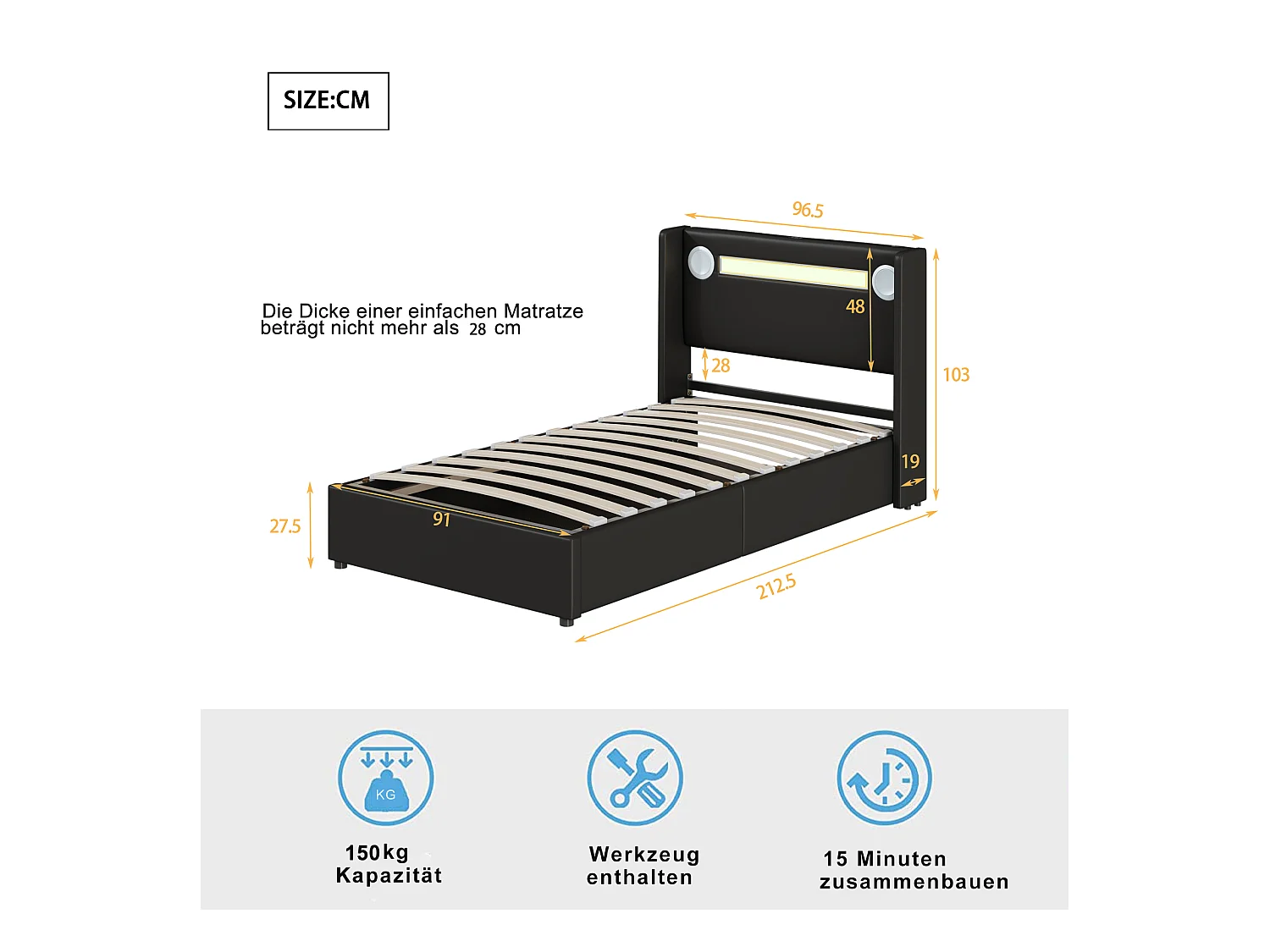 Letto contenitore 90x200 cm - PU nero - Letto per bambini con caricabatterie USB e lettore Bluetooth - Illuminazione a LED - senza materasso