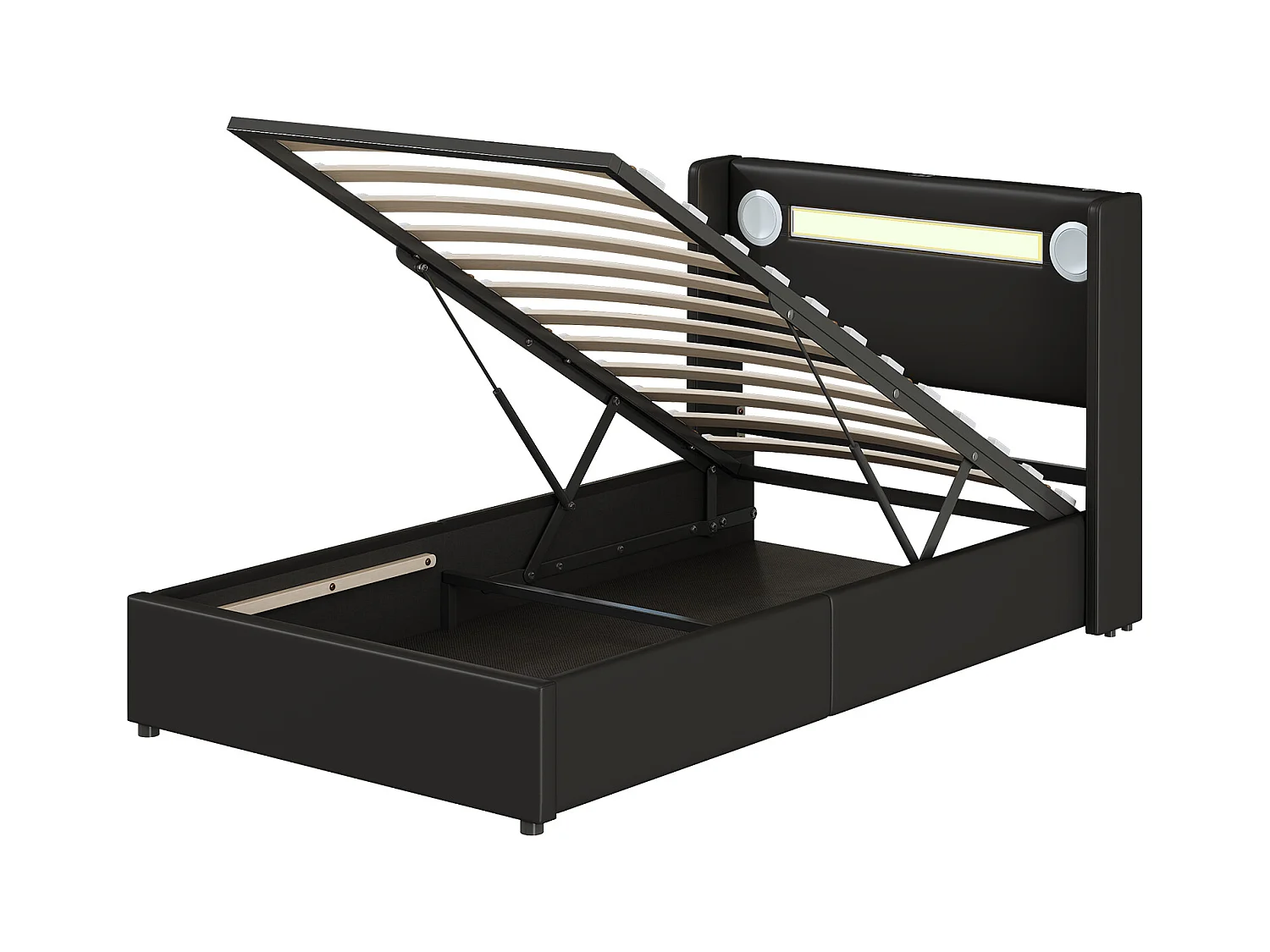 Letto contenitore 90x200 cm - PU nero - Letto per bambini con caricabatterie USB e lettore Bluetooth - Illuminazione a LED - senza materasso