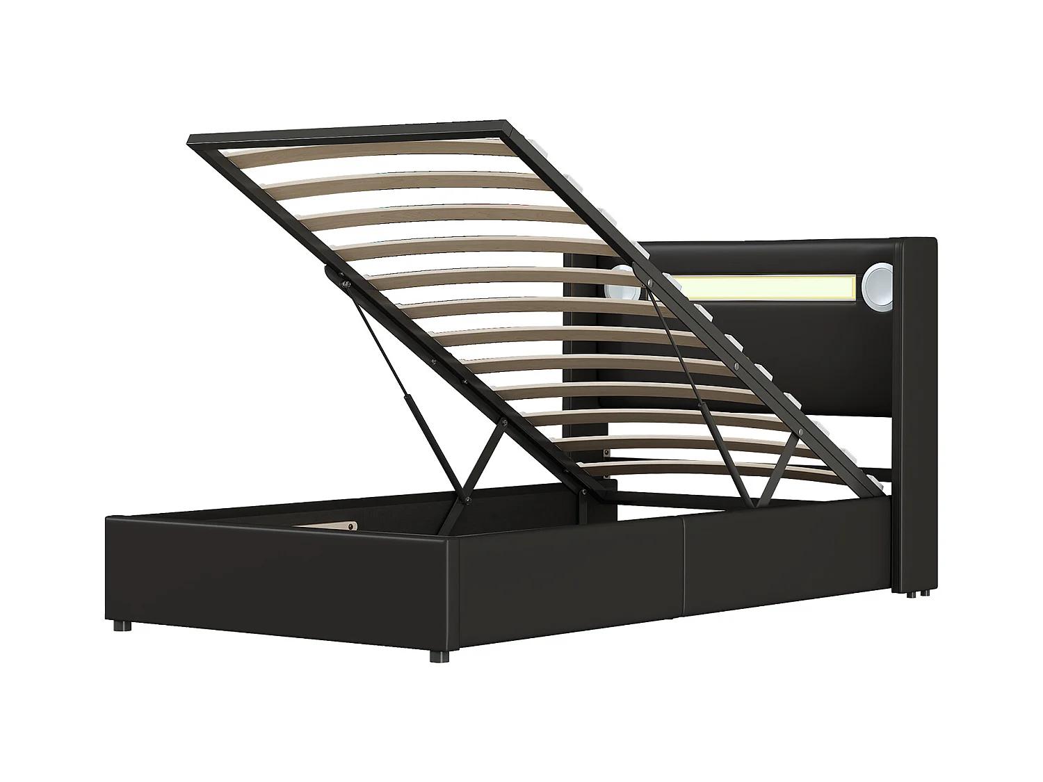 Letto contenitore 90x200 cm - PU nero - Letto per bambini con caricabatterie USB e lettore Bluetooth - Illuminazione a LED - senza materasso