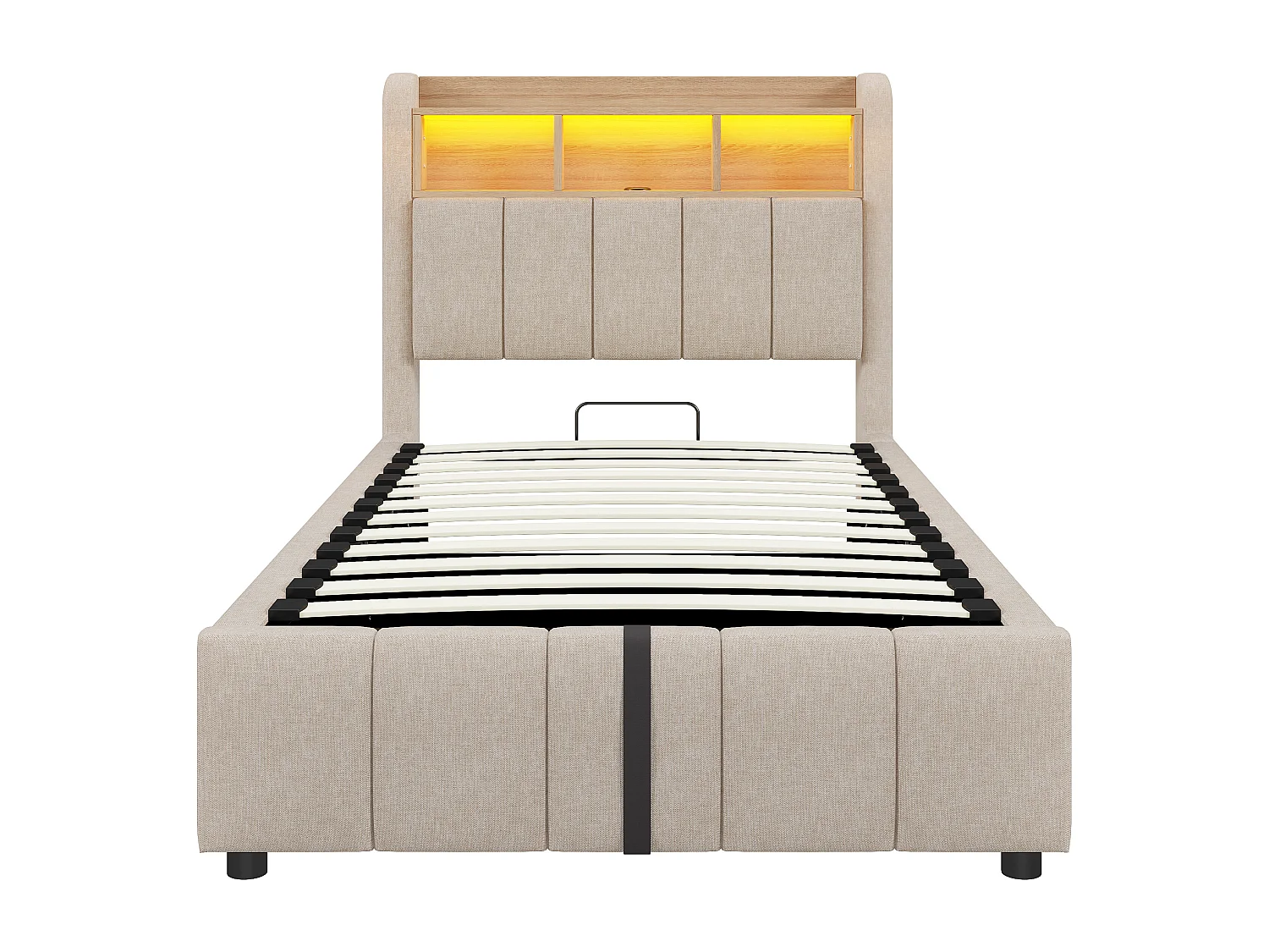 Lit coffre 90 x 200 cm - Lin beige - Lit enfant avec éclairage LED et recharge USB - sans matelas