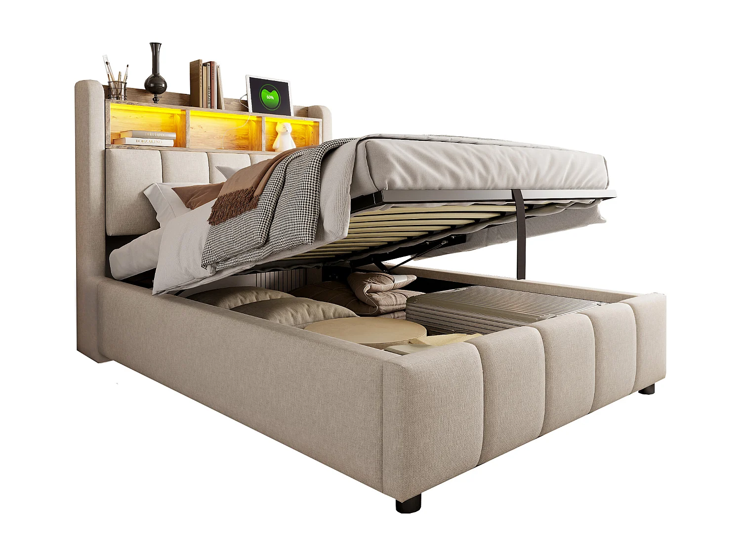 Lit coffre 90 x 200 cm - Lin beige - Lit enfant avec éclairage LED et recharge USB - sans matelas