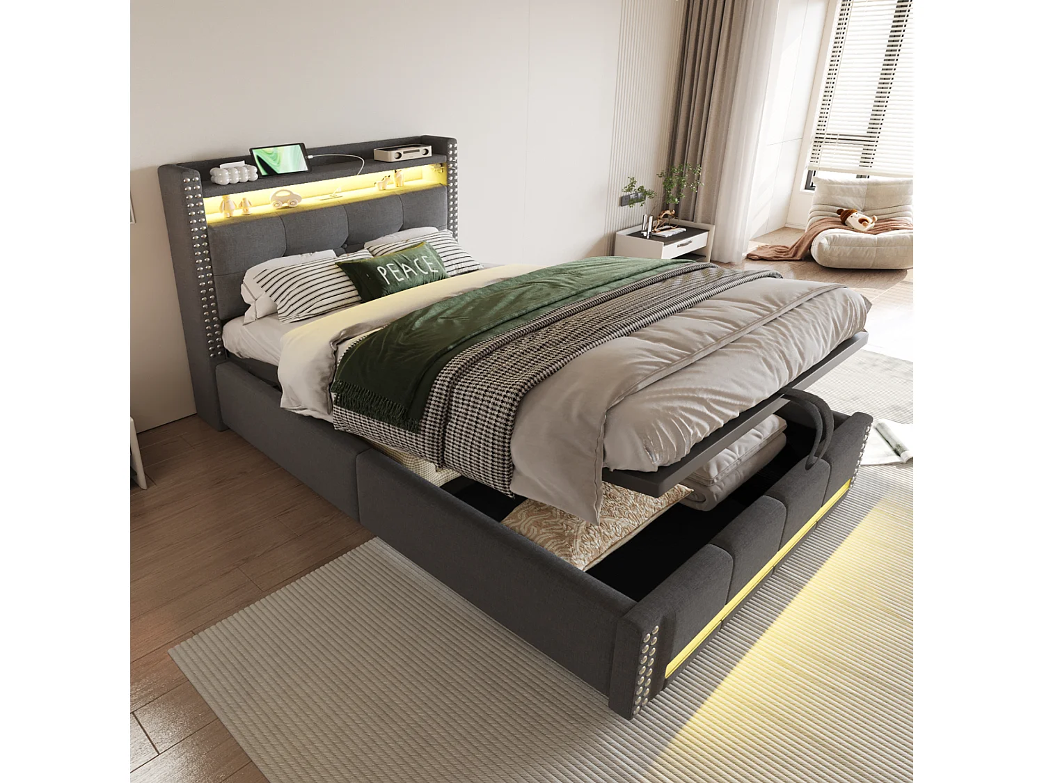 Lit coffre 90x200 cm - Lin gris - Lit enfant avec éclairage LED et prises USB - sans matelas
