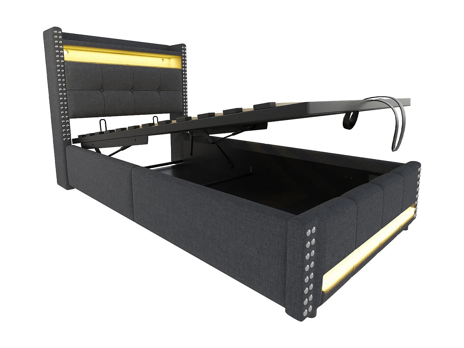 Lit coffre 90x200 cm - Lin gris - Lit enfant avec éclairage LED et prises USB - sans matelas