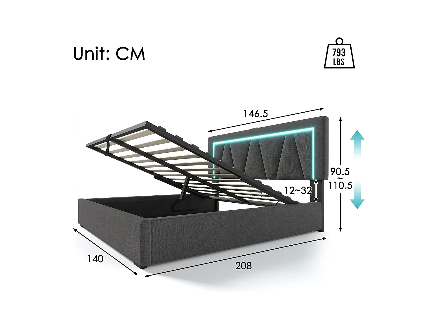 Bett mit Stauraum 140 x 200 cm – Graufarbenes Leinen – Doppelbett mit USB-Ladegerät und LED-Beleuchtung – Metallrahmen – Ohne Matratze