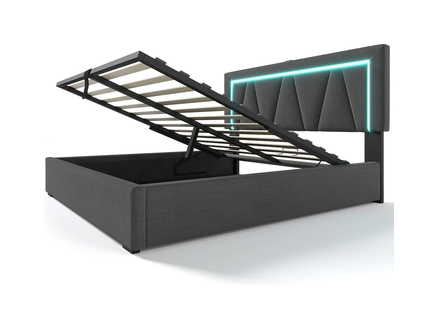 Bett mit Stauraum 140 x 200 cm – Graufarbenes Leinen – Doppelbett mit USB-Ladegerät und LED-Beleuchtung – Metallrahmen – Ohne Matratze