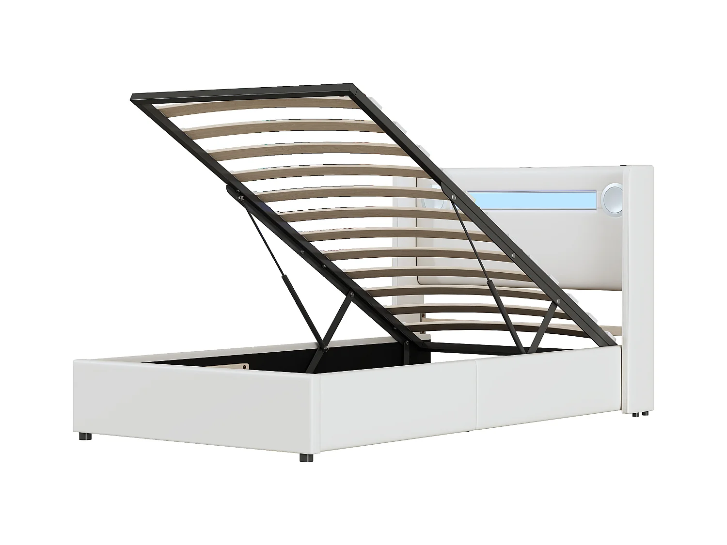 Stauraumbett 90 x 200 cm – weißes PU – Kinderbett mit USB-Ladefunktion und Bluetooth-Player – LED-Lichtleiste – ohne Matratze
