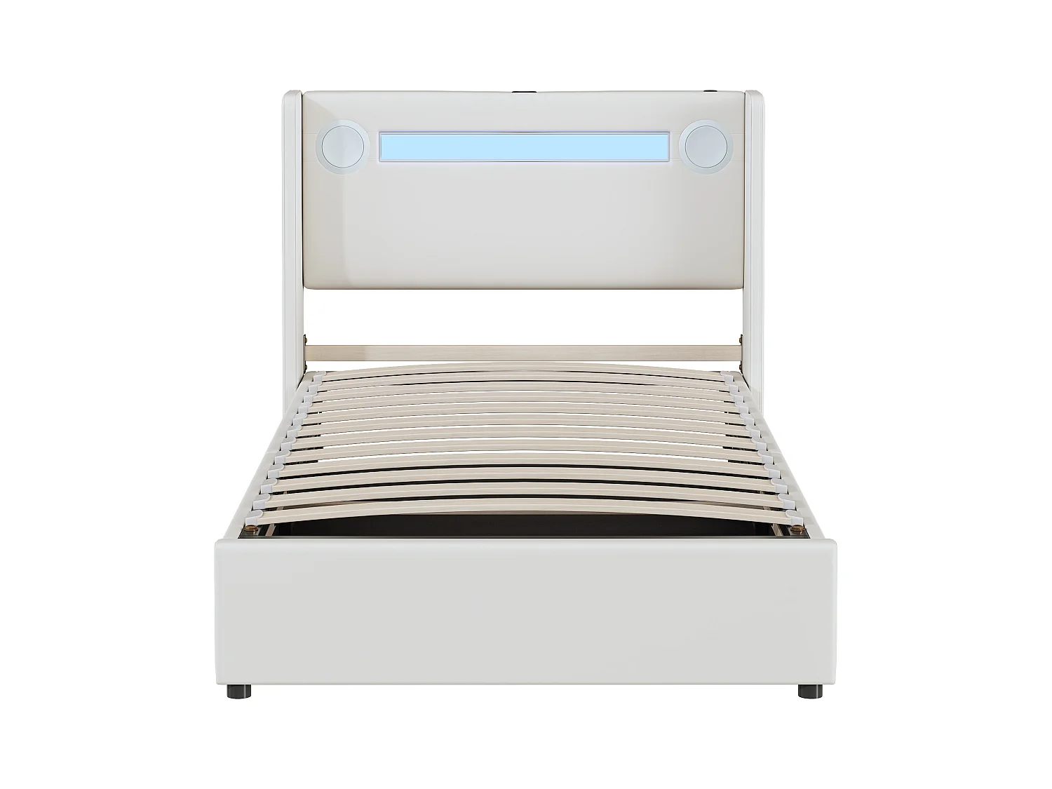 Stauraumbett 90 x 200 cm – weißes PU – Kinderbett mit USB-Ladefunktion und Bluetooth-Player – LED-Lichtleiste – ohne Matratze
