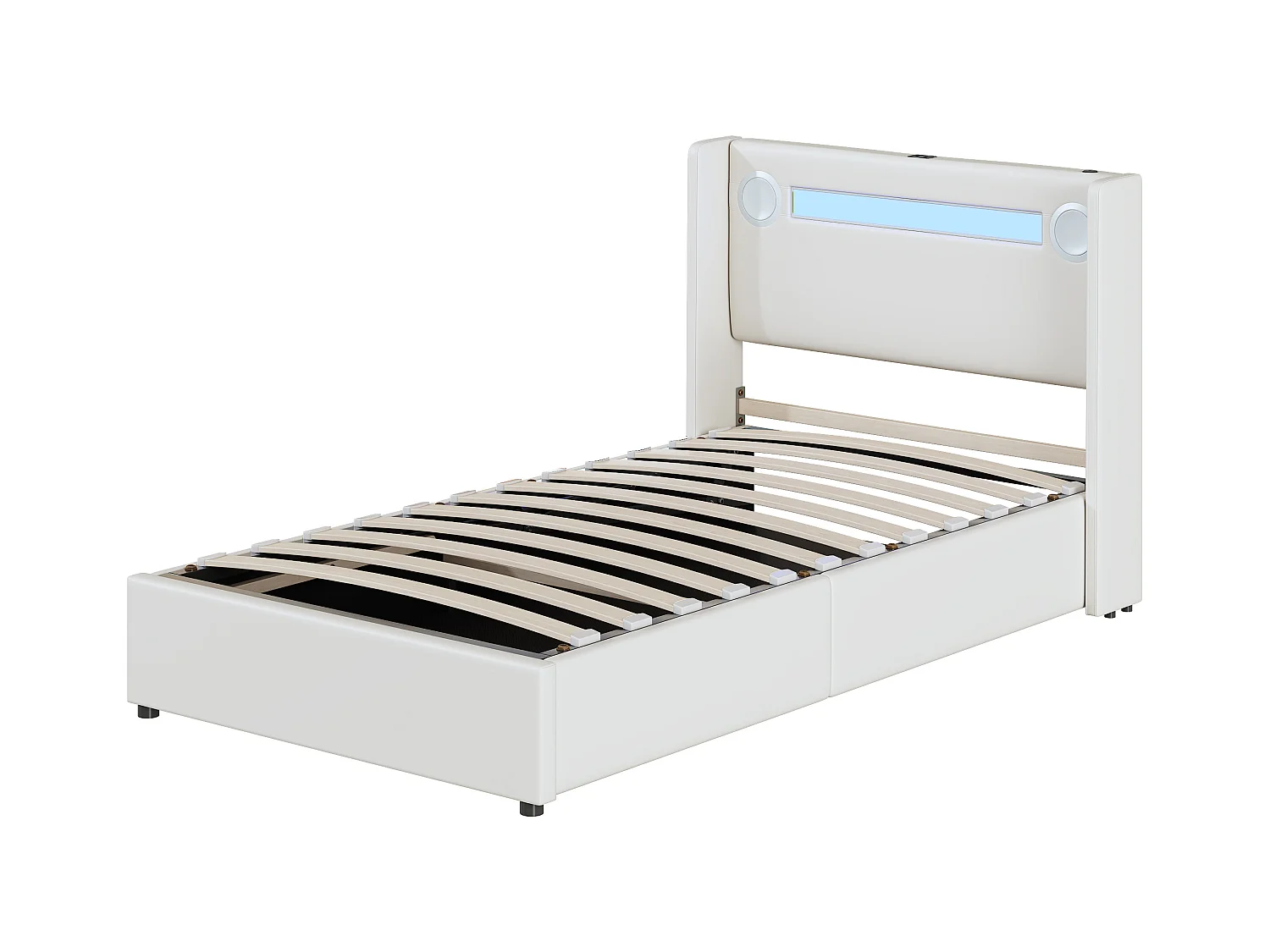 Stauraumbett 90 x 200 cm – weißes PU – Kinderbett mit USB-Ladefunktion und Bluetooth-Player – LED-Lichtleiste – ohne Matratze