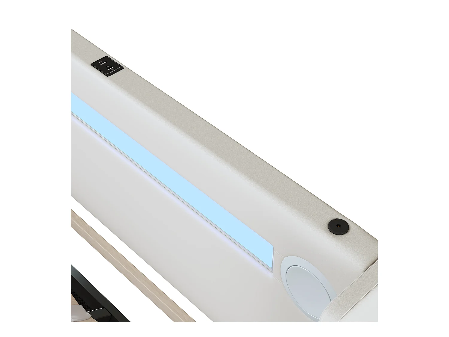 Stauraumbett 90 x 200 cm – weißes PU – Kinderbett mit USB-Ladefunktion und Bluetooth-Player – LED-Lichtleiste – ohne Matratze