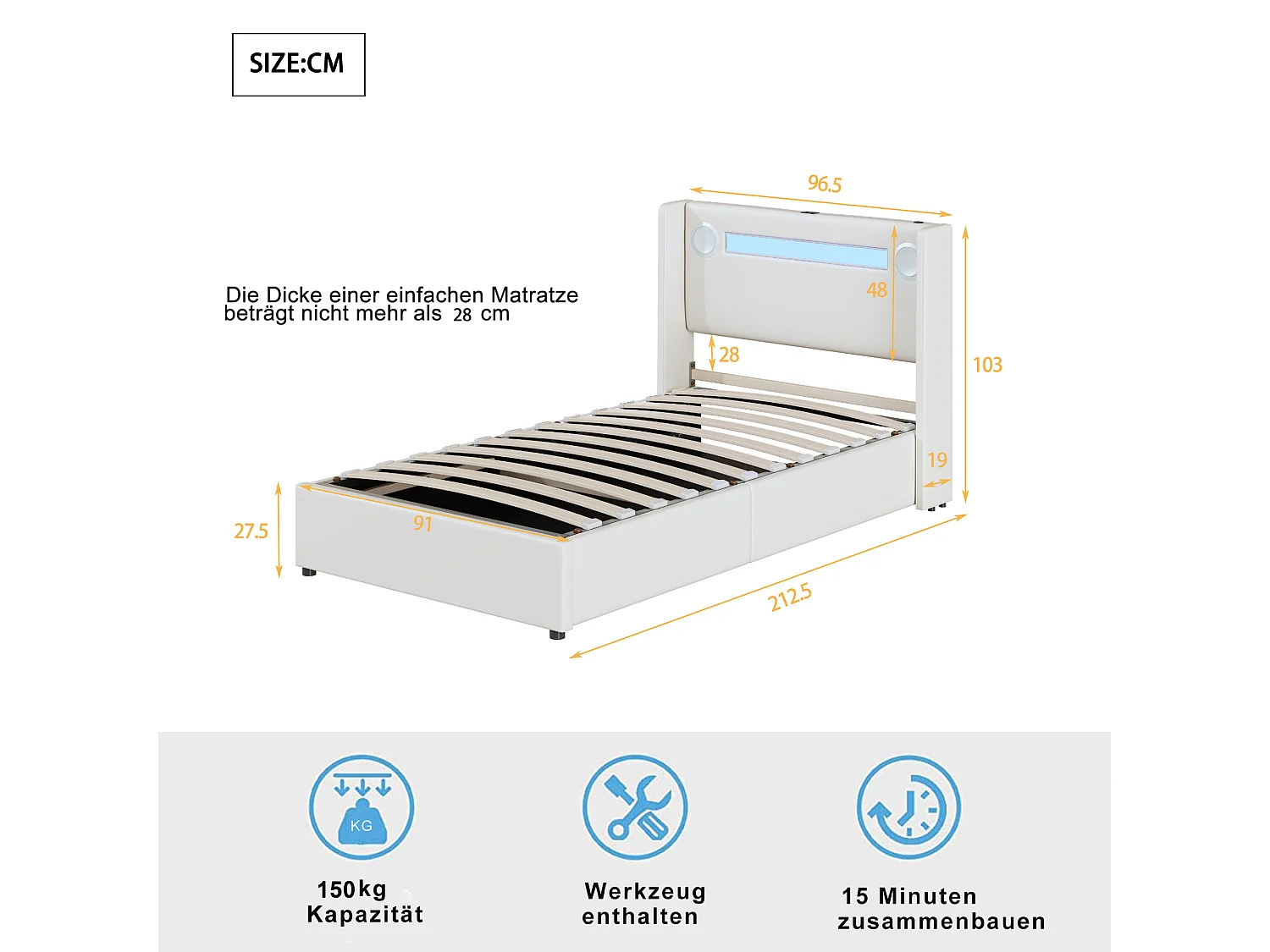 Stauraumbett 90 x 200 cm – weißes PU – Kinderbett mit USB-Ladefunktion und Bluetooth-Player – LED-Lichtleiste – ohne Matratze