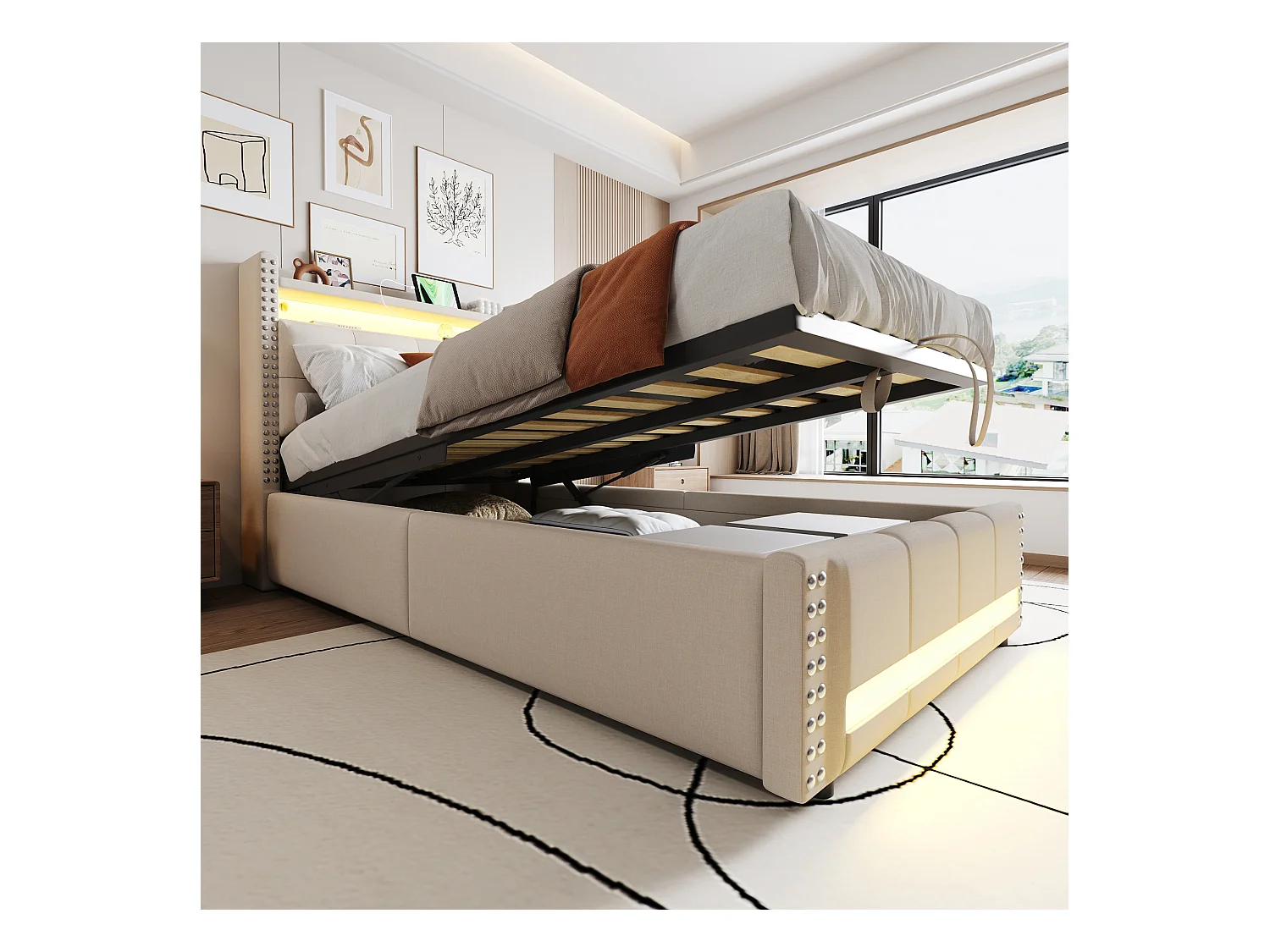 Stauraumbett 90x200 cm - Beiges Leinen - Kinderbett mit LED-Beleuchtung und USB-Anschlüssen - ohne Matratze