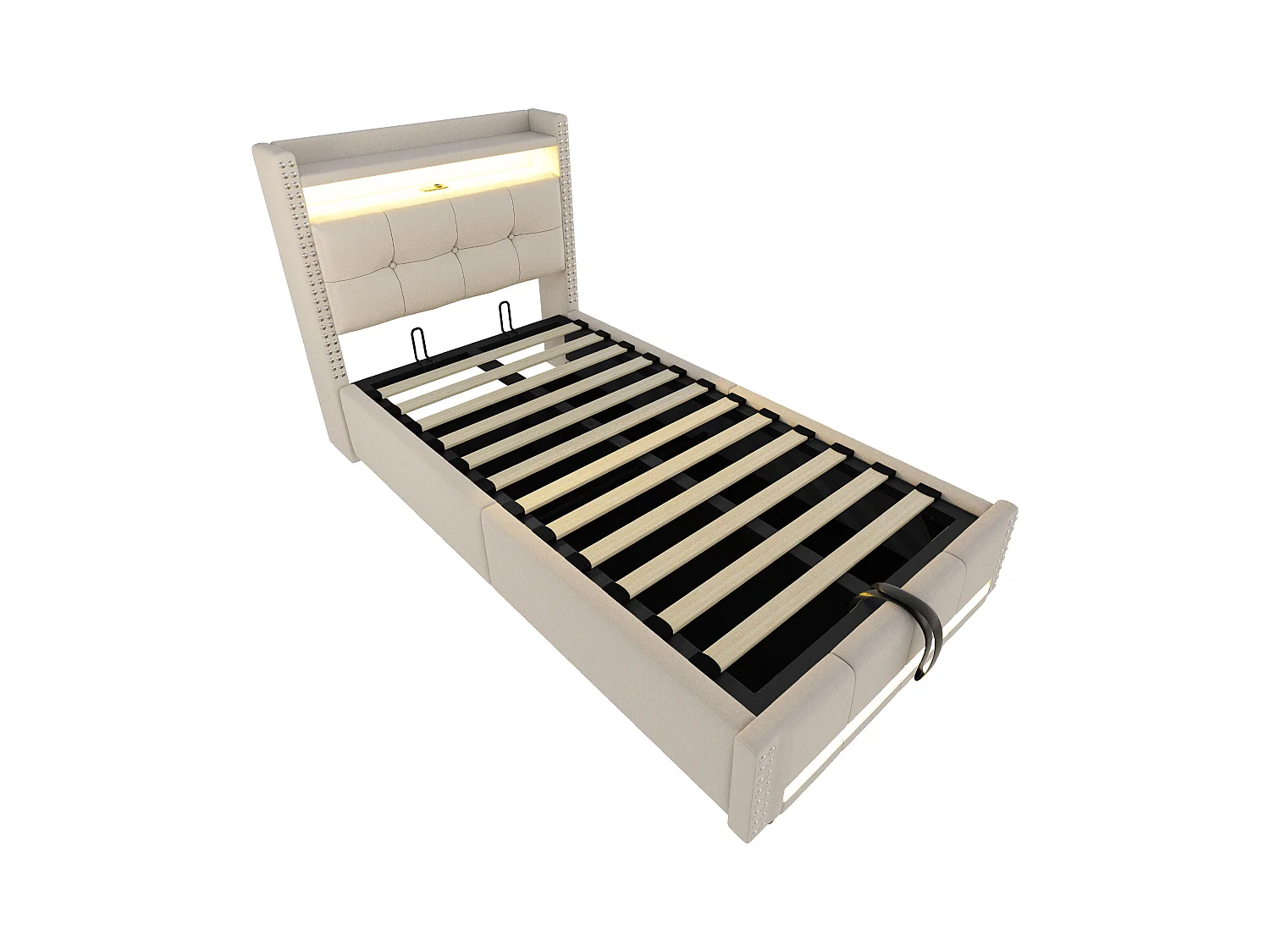 Stauraumbett 90x200 cm - Beiges Leinen - Kinderbett mit LED-Beleuchtung und USB-Anschlüssen - ohne Matratze