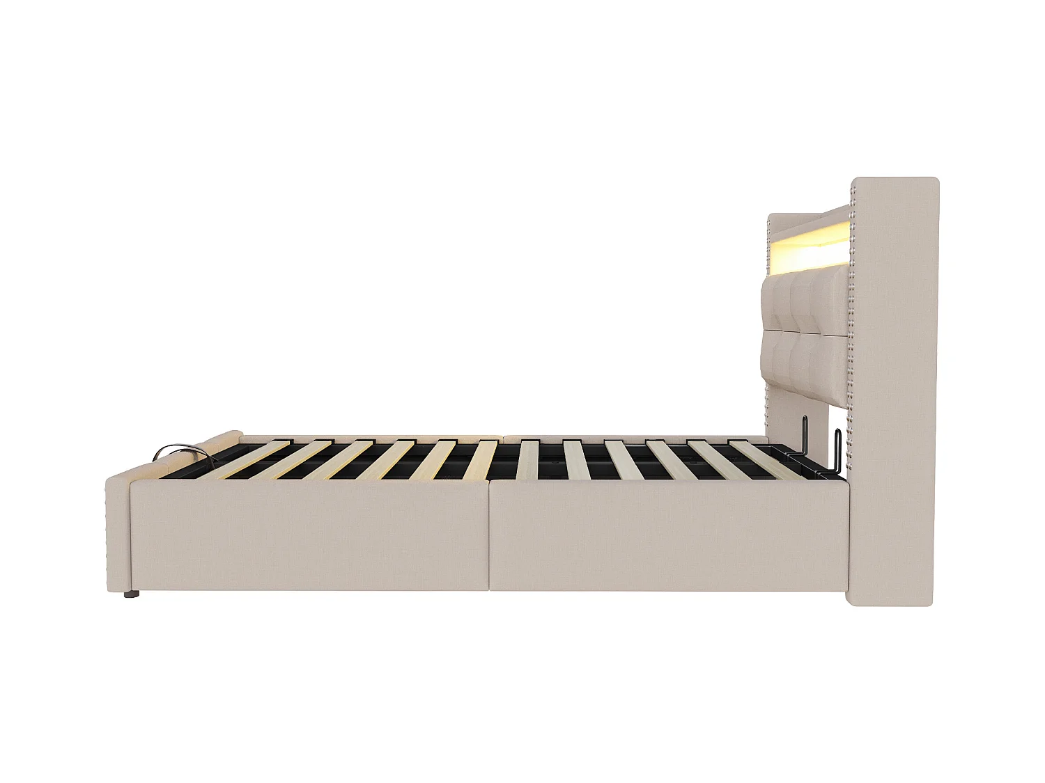 Stauraumbett 90x200 cm - Beiges Leinen - Kinderbett mit LED-Beleuchtung und USB-Anschlüssen - ohne Matratze