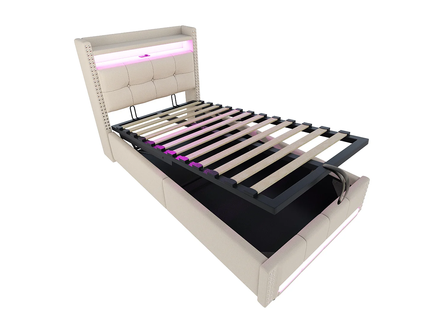 Lit coffre 90x200 cm - Lin beige - Lit enfant avec éclairage LED et prises USB - sans matelas