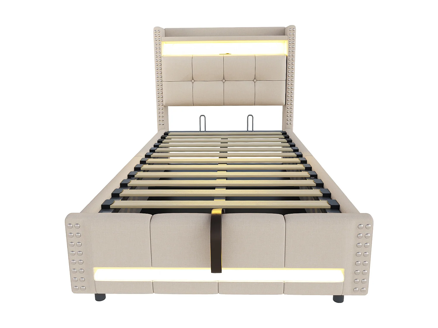 Lit coffre 90x200 cm - Lin beige - Lit enfant avec éclairage LED et prises USB - sans matelas