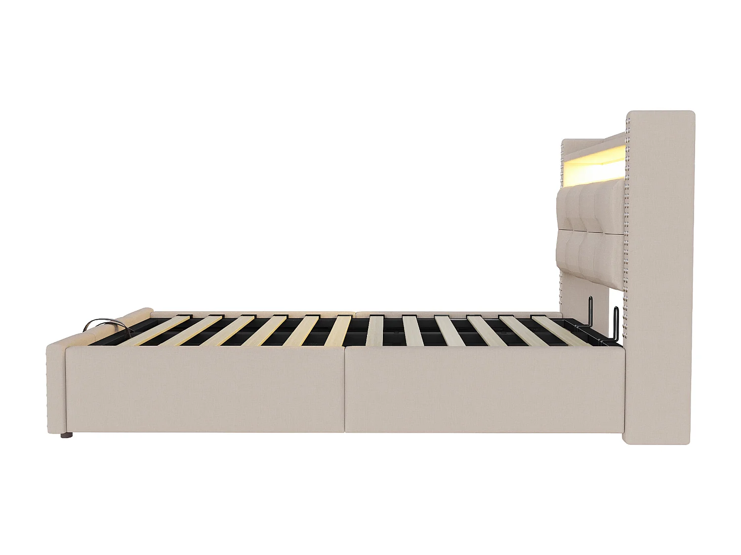 Lit coffre 90x200 cm - Lin beige - Lit enfant avec éclairage LED et prises USB - sans matelas