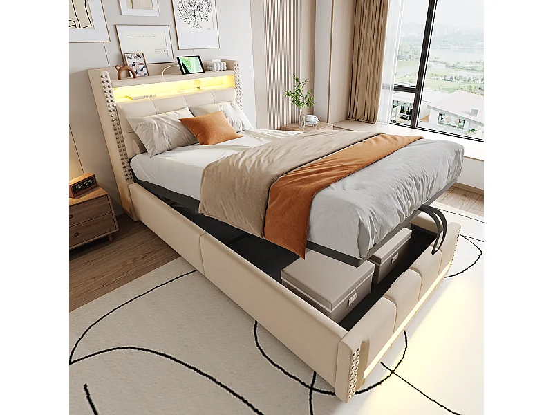 Lit coffre 90x200 cm - Lin beige - Lit enfant avec éclairage LED et prises USB - sans matelas