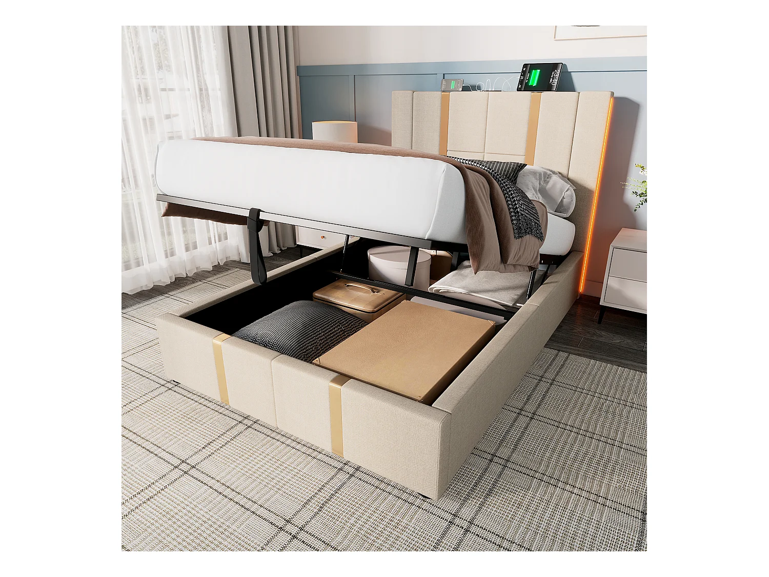 Lit coffre 90 x 200 cm - Lin beige - Lit enfant avec LED et recharge USB - sans matelas