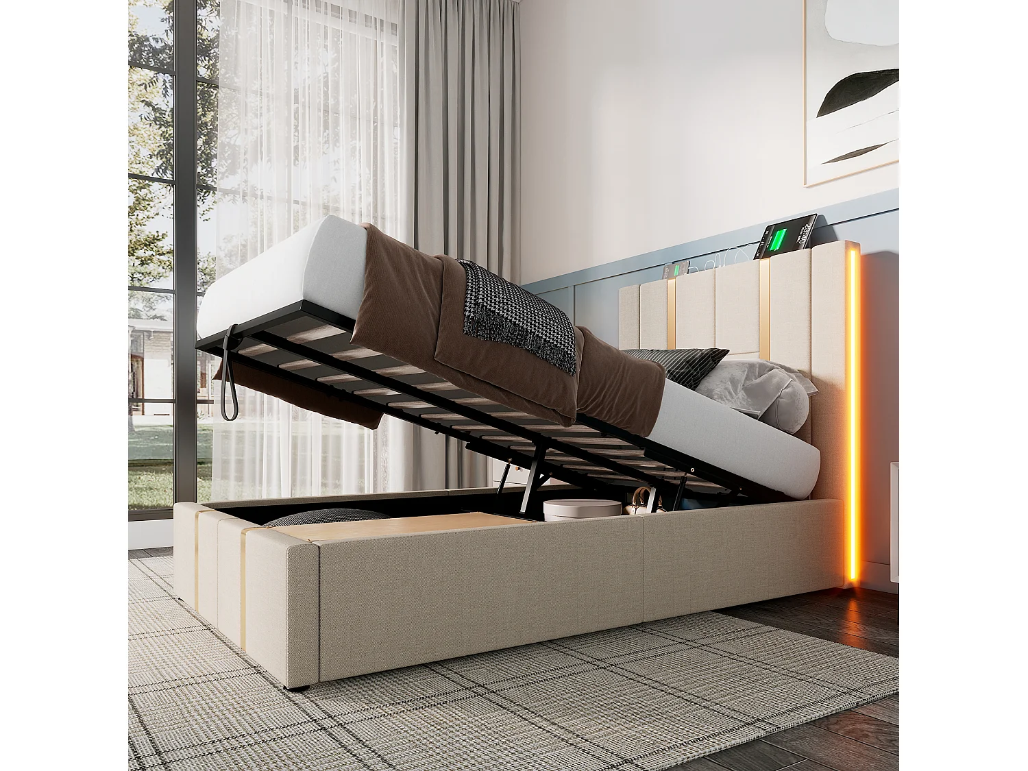 Lit coffre 90 x 200 cm - Lin beige - Lit enfant avec LED et recharge USB - sans matelas