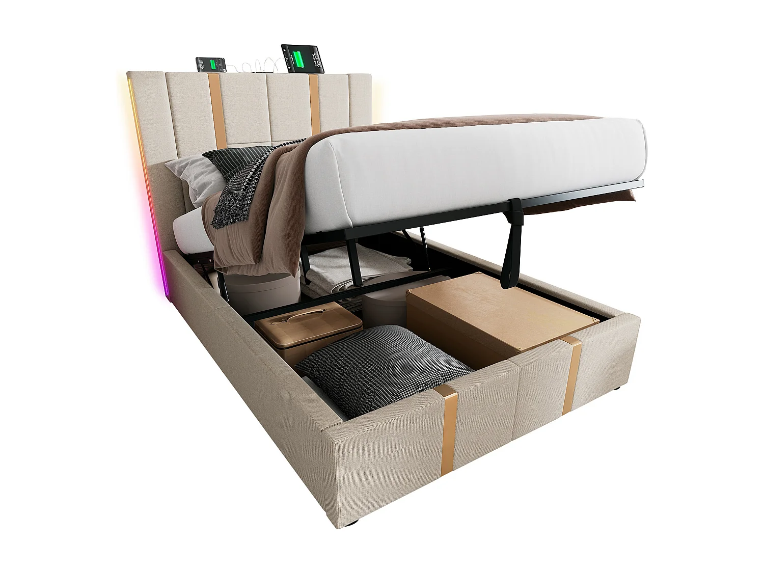 Lit coffre 90 x 200 cm - Lin beige - Lit enfant avec LED et recharge USB - sans matelas