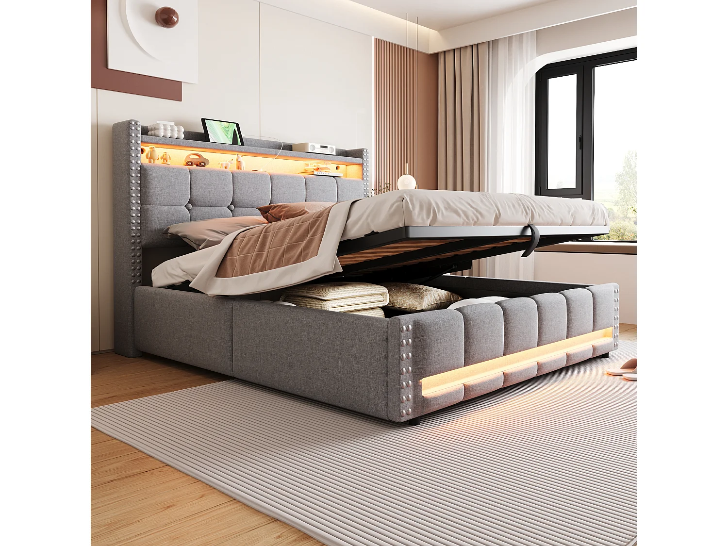 Lit coffre 160 x 200 cm - Lin gris clair - Lit double avec éclairage LED et prise USB - sans matelas