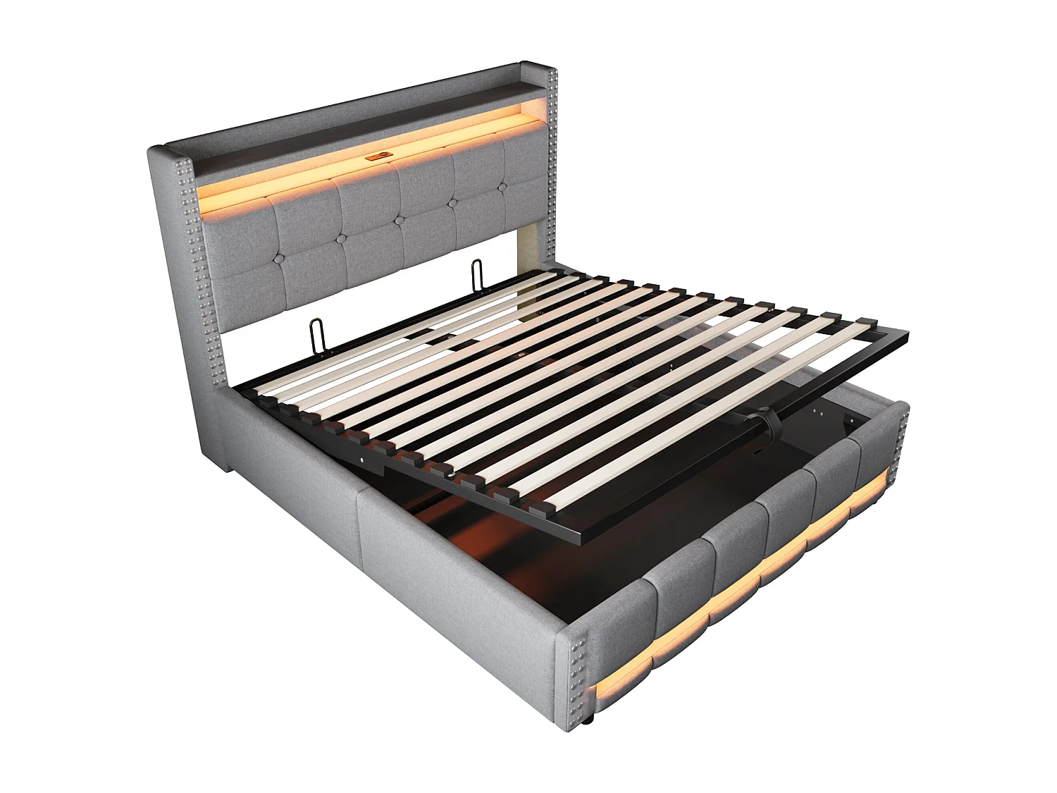 Lit coffre 160 x 200 cm - Lin gris clair - Lit double avec éclairage LED et prise USB - sans matelas