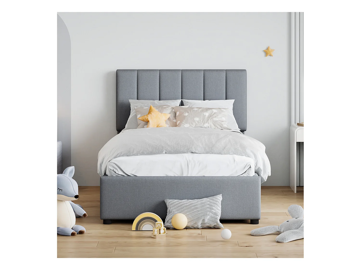 Bettkastenbett 90 x 200 cm – graues Leinen – Kinderbett mit höhenverstellbarem Kopfteil – Holzlattenrost – ohne Matratze