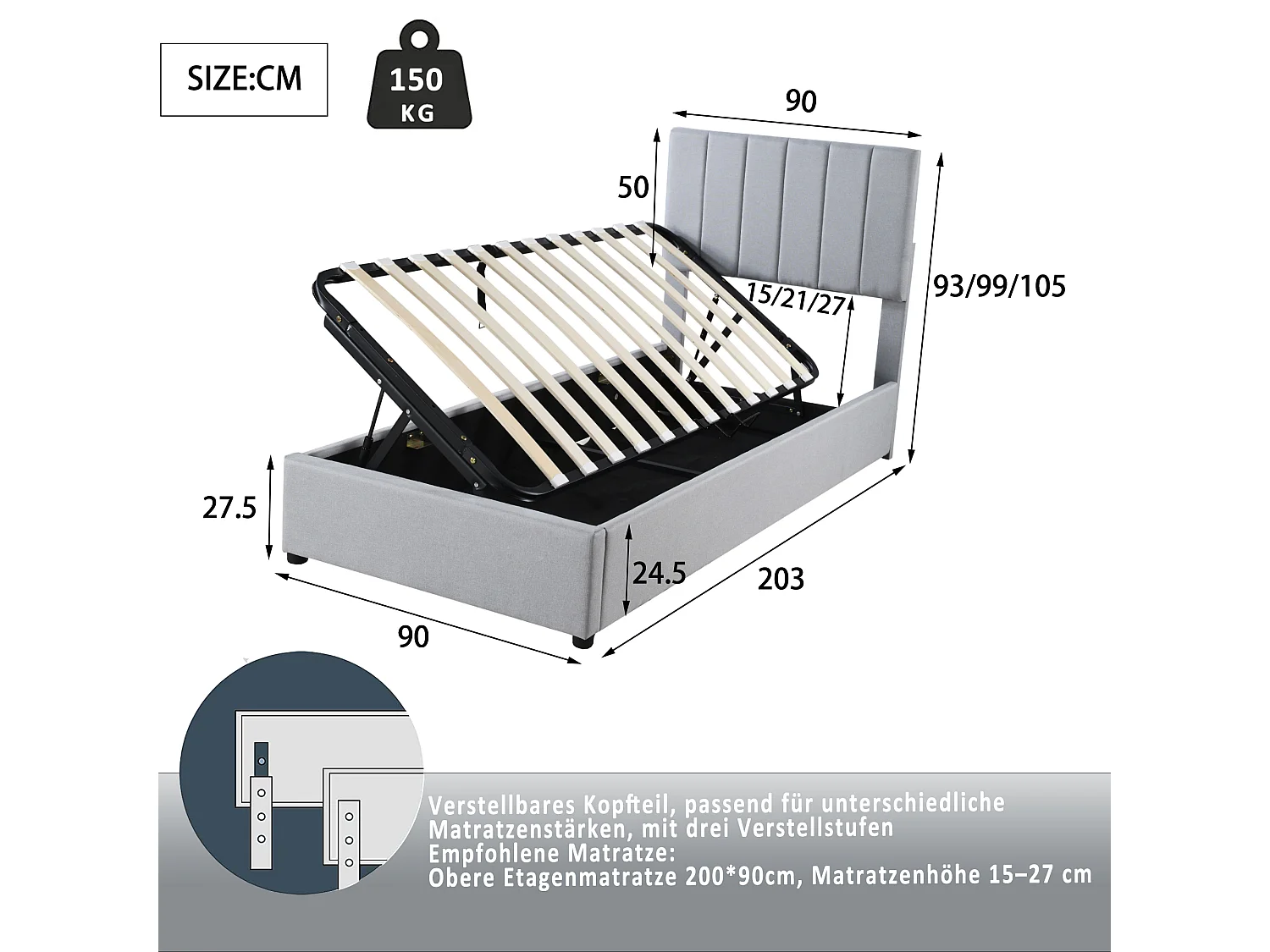 Lit coffre 90 x 200 cm - Lin gris - Lit enfant avec tête de lit réglable en hauteur - lattes en bois - sans matelas