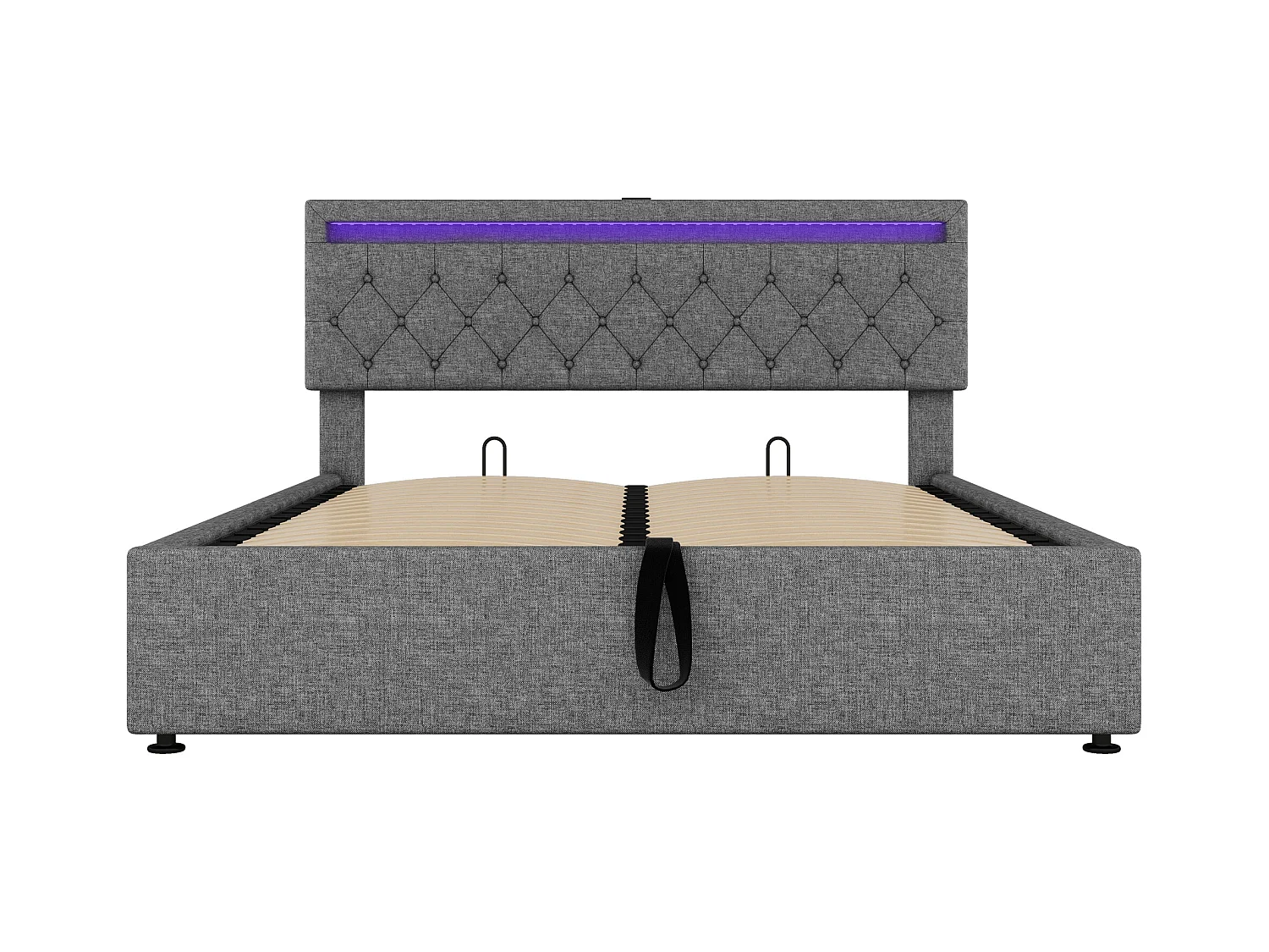 Bed met opbergruimte 160x200 cm - Grijs linnen - Volwassen bed met ledverlichting en USB-oplader - zonder bodem