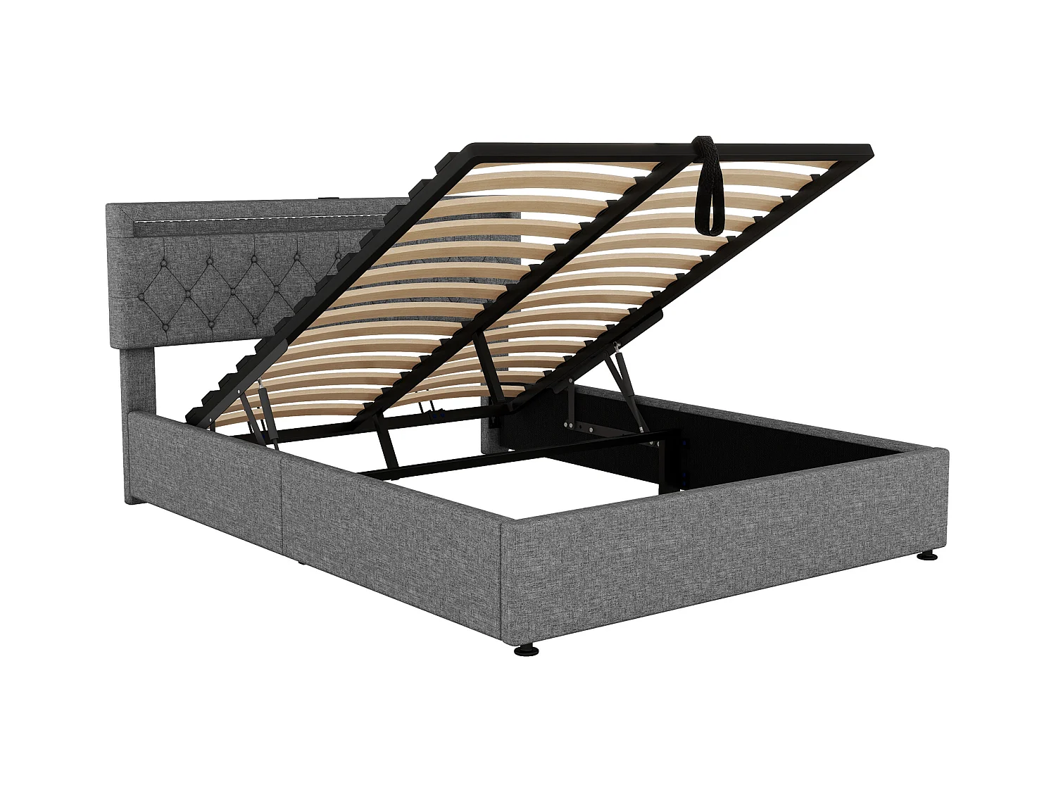 Bed met opbergruimte 160x200 cm - Grijs linnen - Volwassen bed met ledverlichting en USB-oplader - zonder bodem