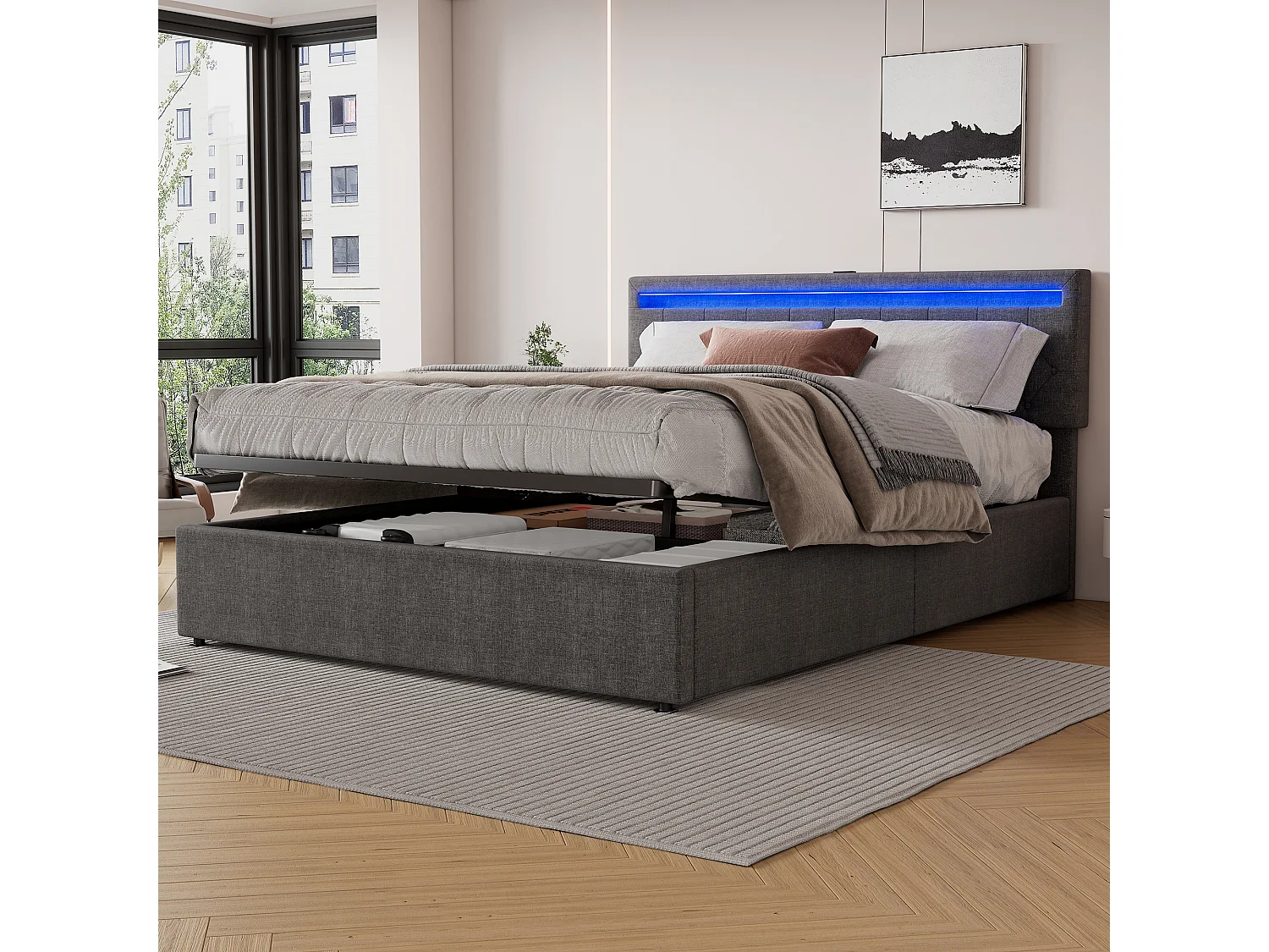 Lit coffre 160x200 cm - Lin gris - Lit adulte avec lumière LED et recharge USB - san fond