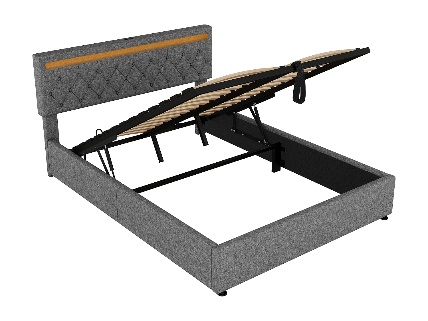 Lit coffre 160x200 cm - Lin gris - Lit adulte avec lumière LED et recharge USB - san fond