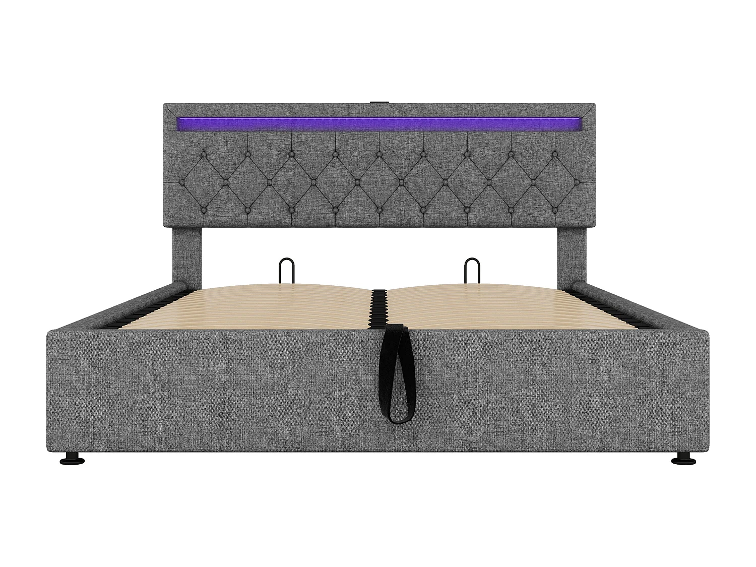 Lit coffre 160x200 cm - Lin gris - Lit adulte avec lumière LED et recharge USB - san fond