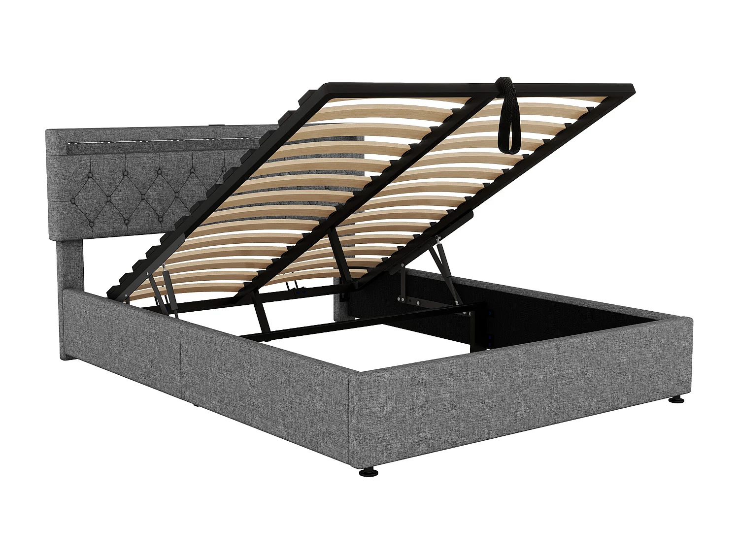 Lit coffre 160x200 cm - Lin gris - Lit adulte avec lumière LED et recharge USB - san fond