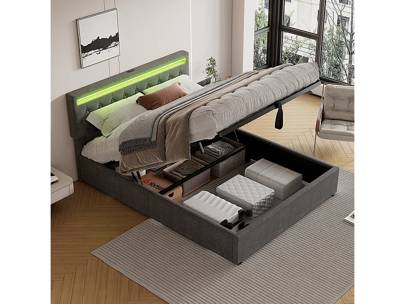 Łóżko ze schowkiem 160x200 cm - Szary len - łóżko dla dorosłych z oświetleniem LED i ładowaniem przez USB - bez podstawy