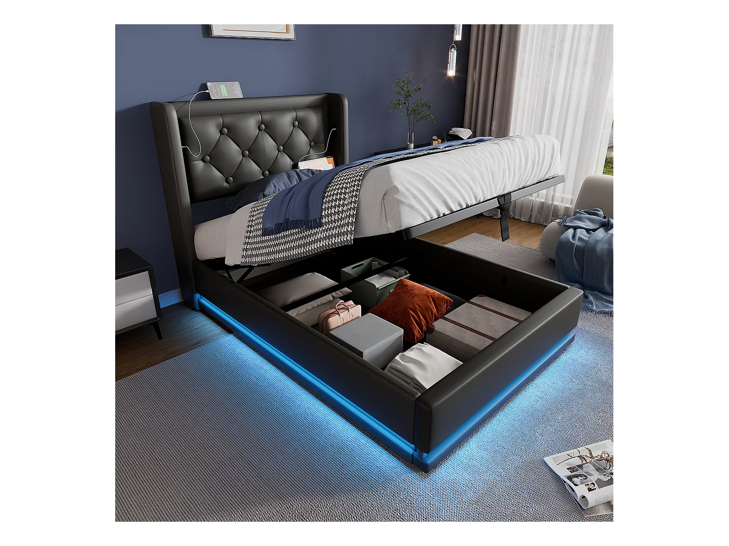 Bett mit Stauraum 90 x 200 cm – PU schwarz – Kinderbett mit LED-Beleuchtung und USB-Ladefunktion – ohne Matratze