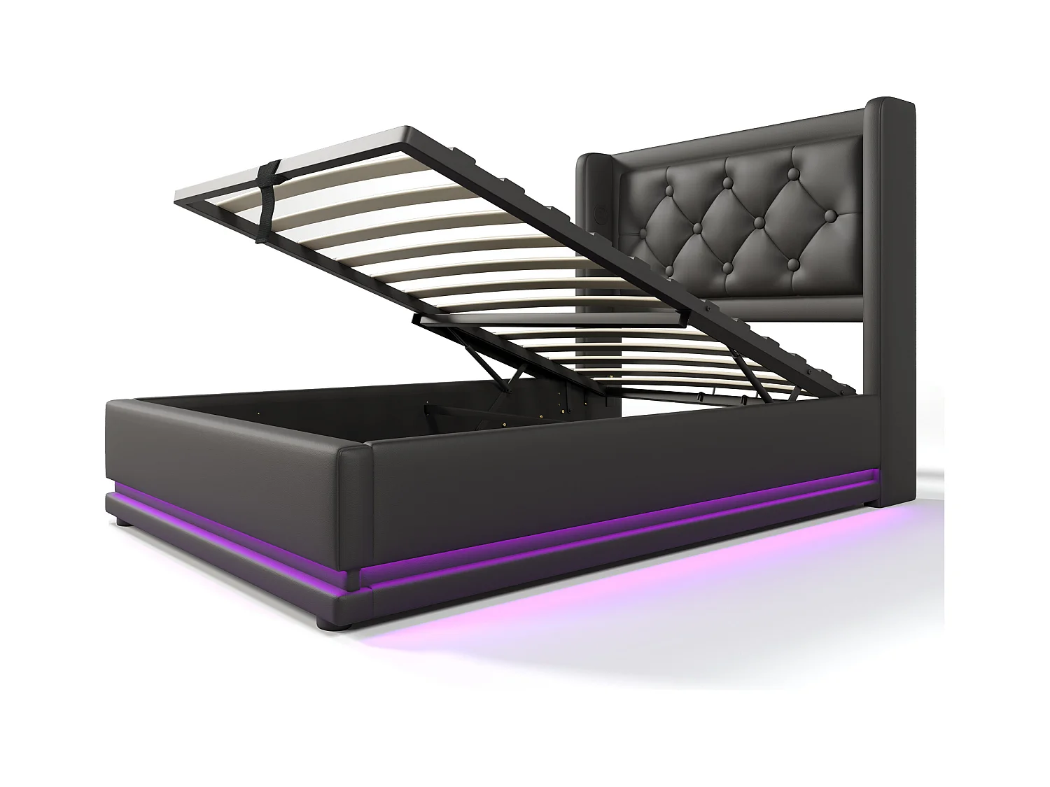 Bett mit Stauraum 90 x 200 cm – PU schwarz – Kinderbett mit LED-Beleuchtung und USB-Ladefunktion – ohne Matratze
